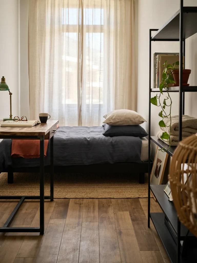 A styled bedroom shot featuring a low profile platform bed, an industrial style desk, and a minimalist black metal frame shelving unit
