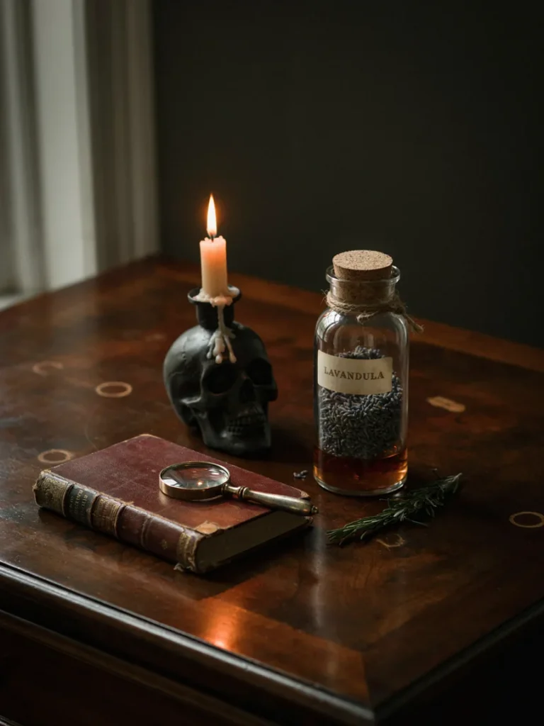 A styled dresser top vignette showing a grouping of three to five objects, such as a skull candle holder, an apothecary jar, and an antique book.