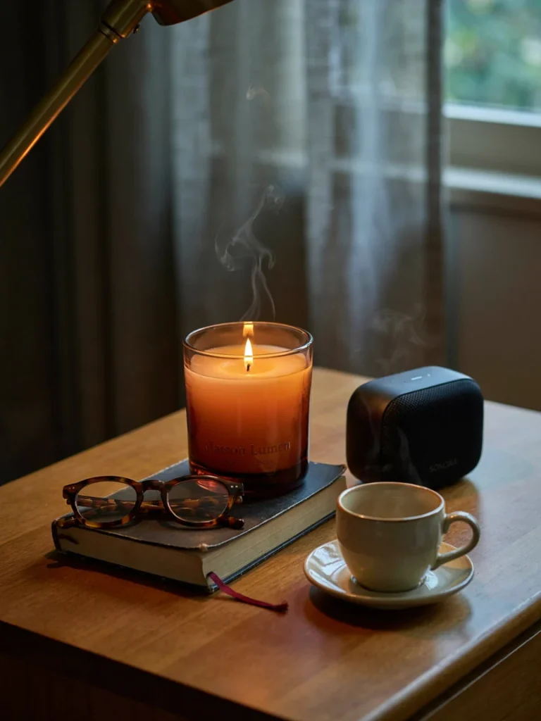 A styled shot of a candle or diffuser on a nightstand, paired with a small speaker, suggesting a sensory rather than purely visual detail.