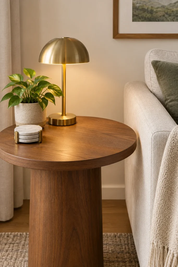 A styled side table next to a sofa arm, showing a small lamp, a plant, and a coaster stack