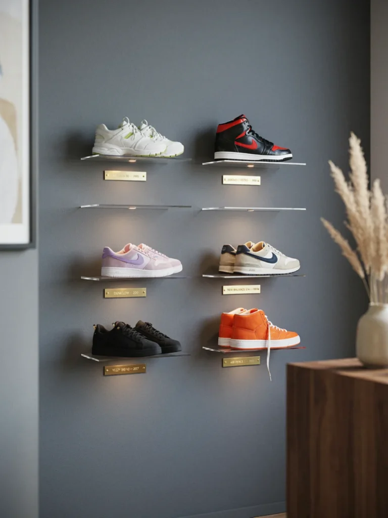 A styled sneaker wall using floating acrylic shelves, evenly spaced and lit from below or above to highlight the shoes as art pieces