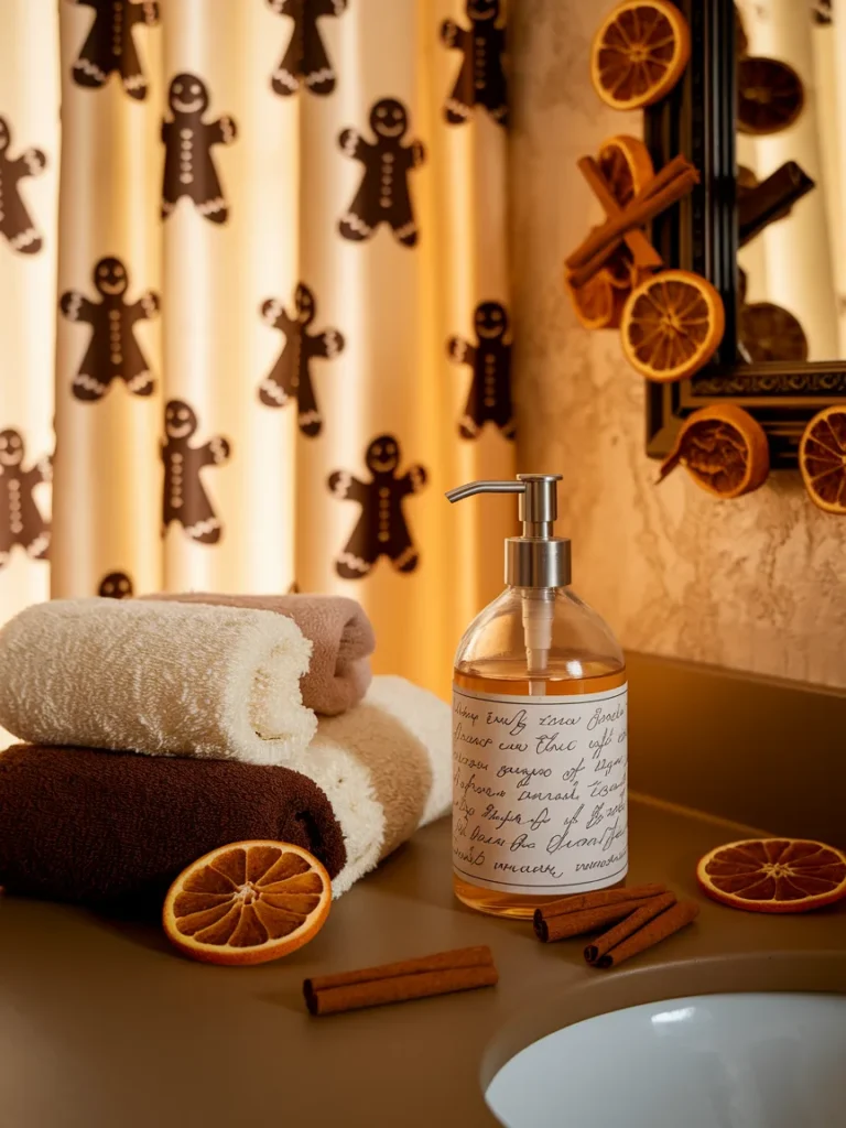 Simple gingerbread bathroom decor ideas with towels, curtain, soap, and orange garland,