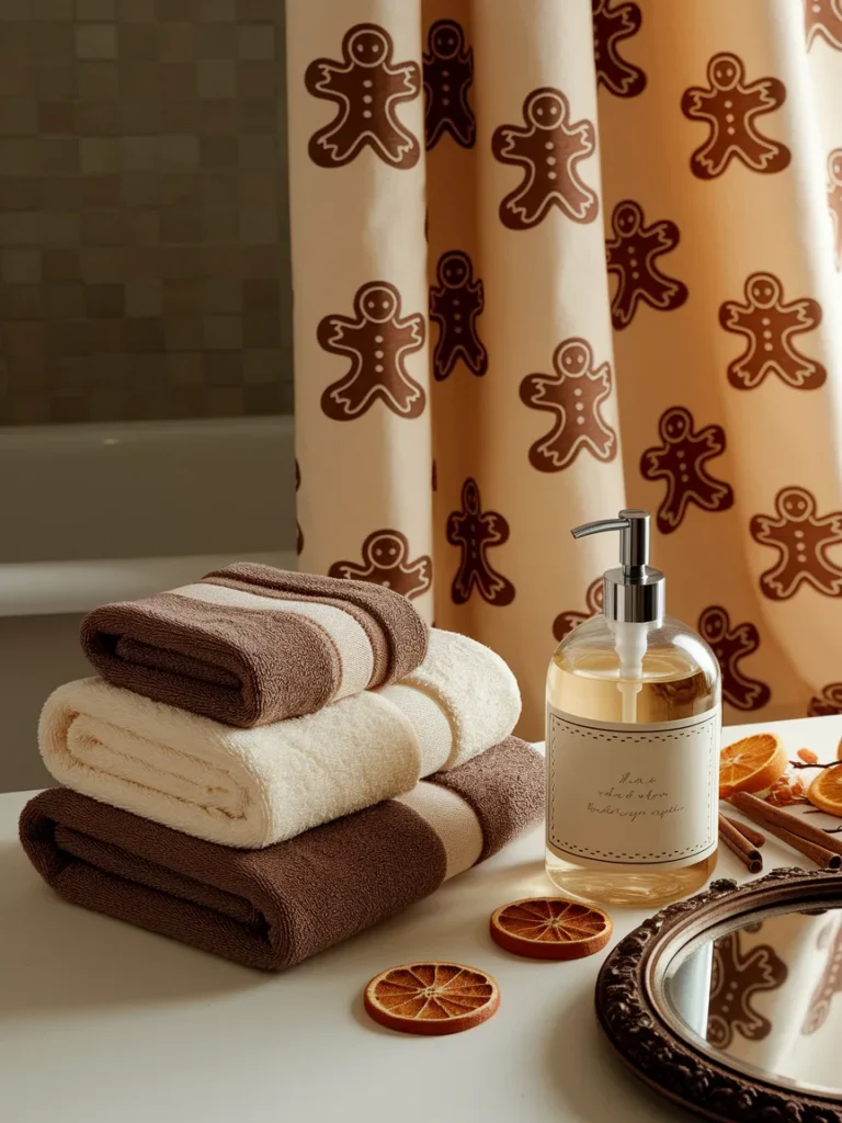 A styled vignette showing a gingerbread print shower curtain,.