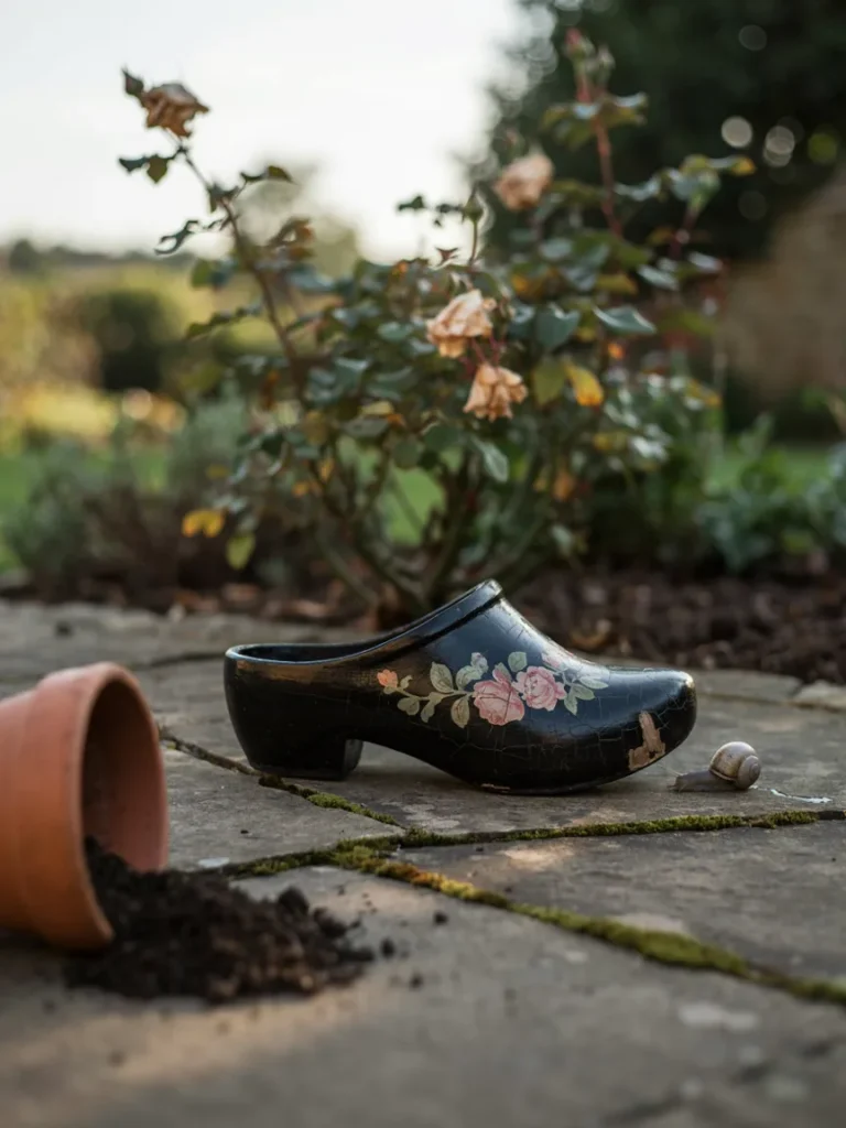 A stylish but visibly cracked or worn out decorative garden clog, illustrating that appearance alone does not guarantee durability