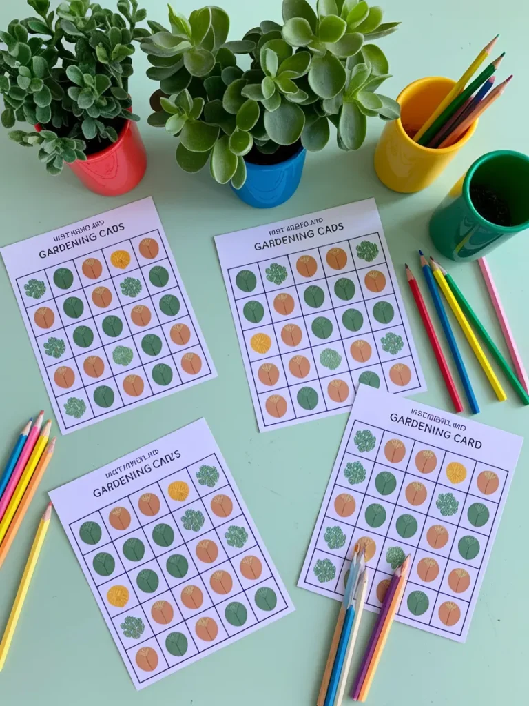 A table set with printed gardening bingo cards, a matching card game, and colored pencils, arranged for a classroom or party activity.