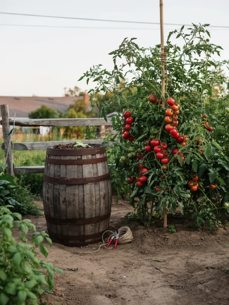 A tall barrel with a heavy, fruit laden tomato plant staked securely against a nearby fence for stability.