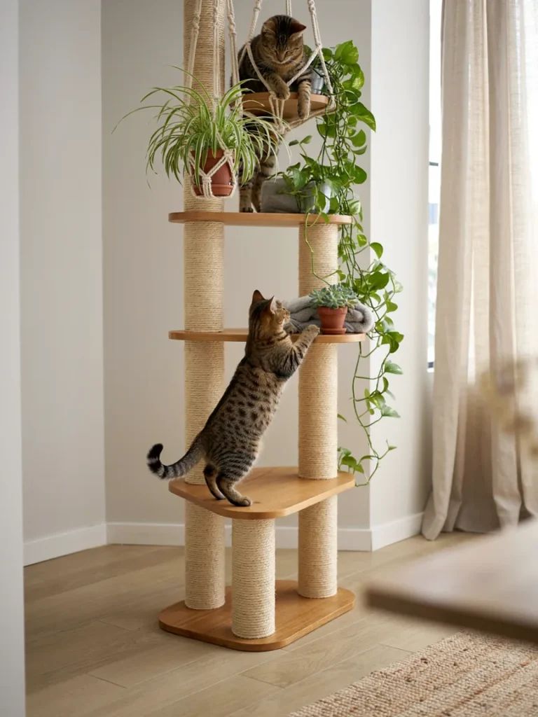 A tall cat tree integrated with hanging planters of spider plants and trailing greenery, with a cat climbing between platforms