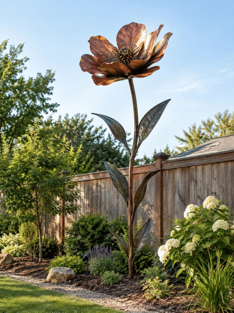 A tall, oversized metal flower sculpture standing as a focal point along a garden fence line