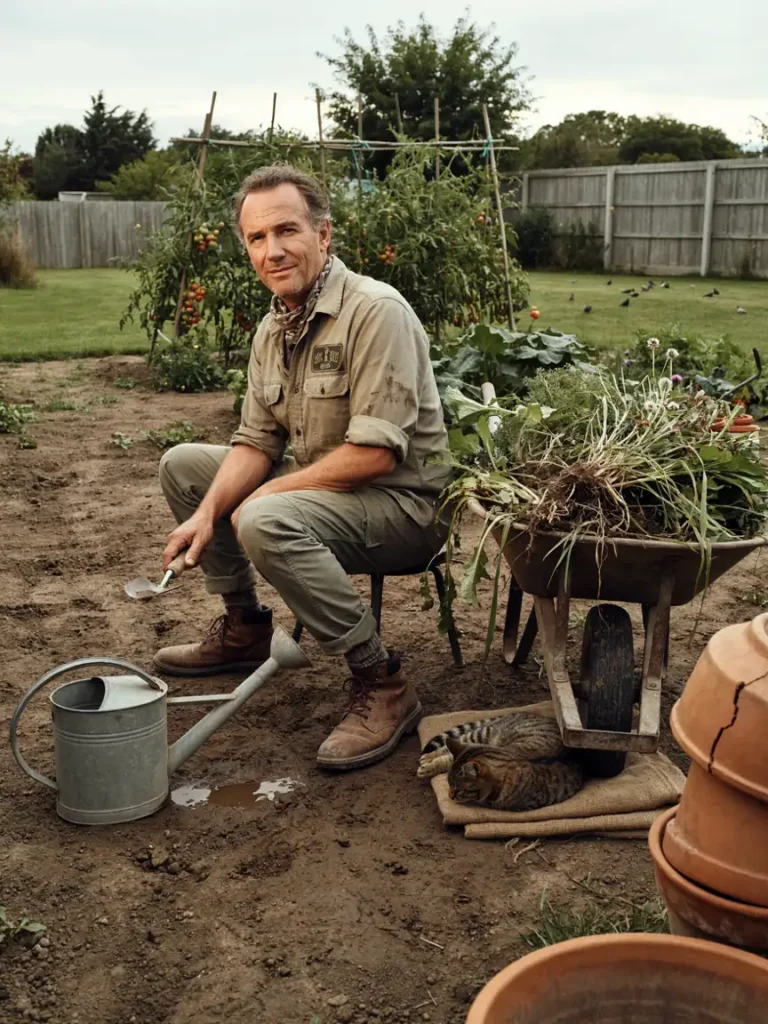 A tired but smiling gardener sitting on the ground beside a wheelbarrow full of weeds, capturing the relatable, humorous side of gardening life.