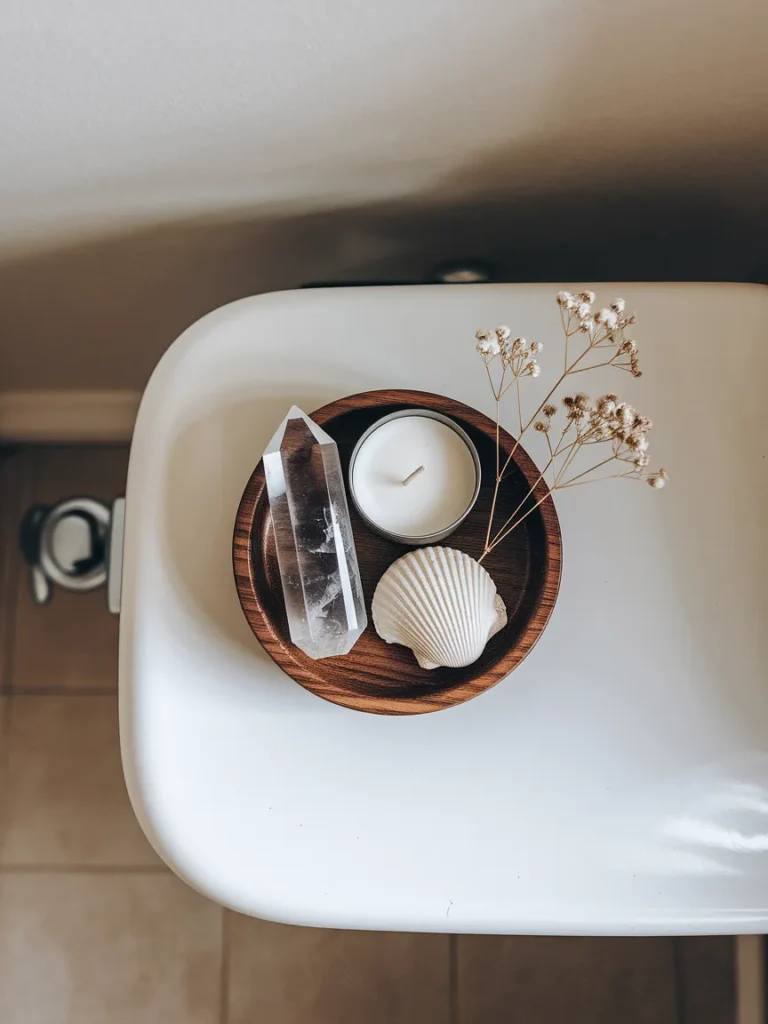 Mini altar display with crystal, candle, shell, and dried flowers in a witchy bathroom.