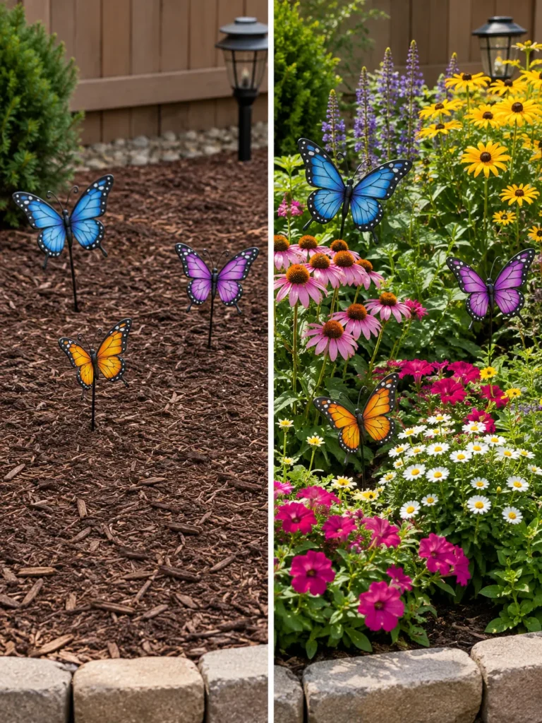 A split scene showing one side of a garden bed with only decorative butterfly ornaments and bare mulch