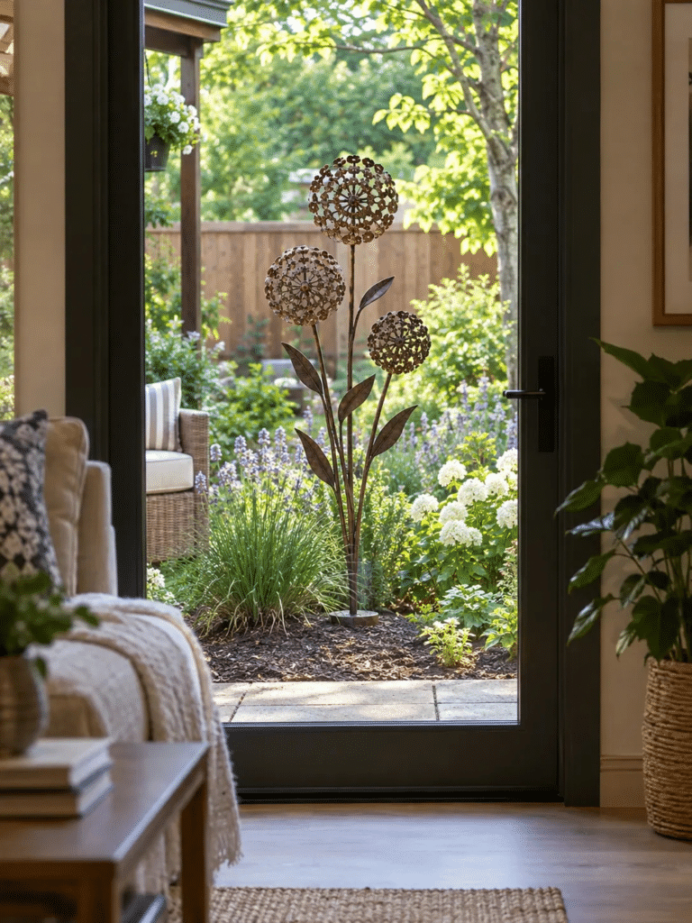 A view looking out through a back patio door or window, framing a piece of metal garden .