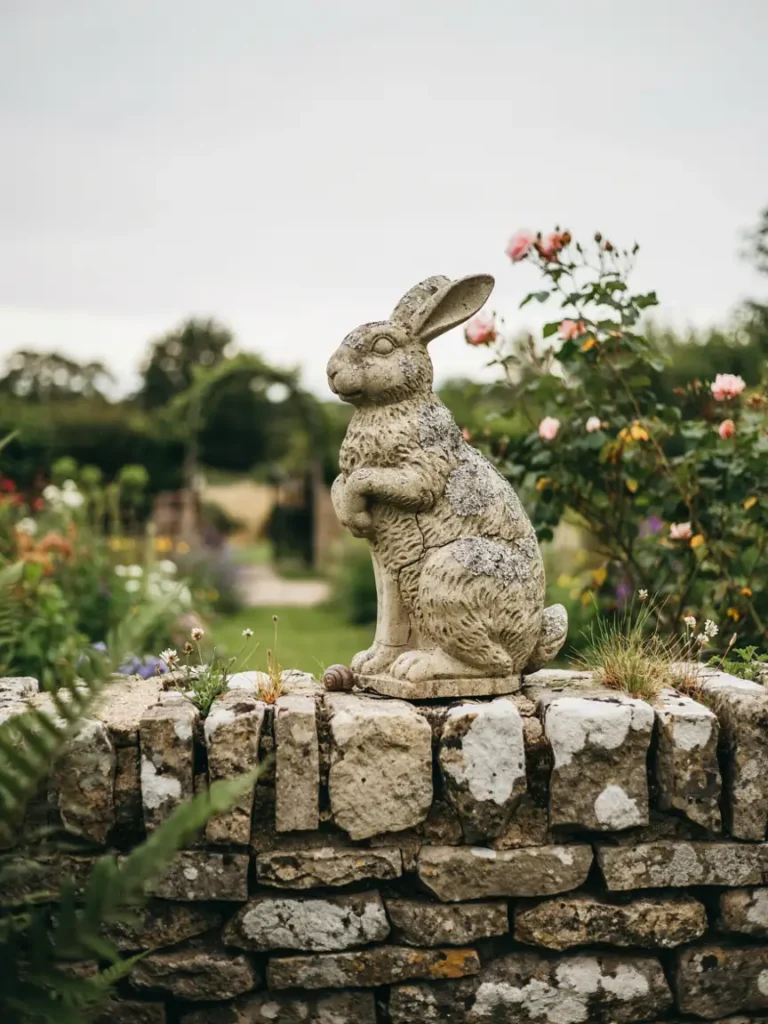 A weathered cast stone rabbit or cherub style statue sitting on a stone garden wall, emphasizing its substantial, textured surface.