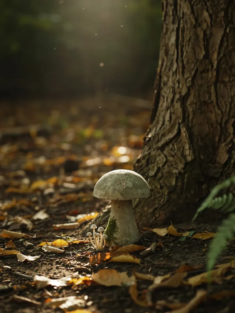 A weathered, earthy toned cast stone mushroom statue sitting at the base of a tree, blending naturally with surrounding bark and soil.