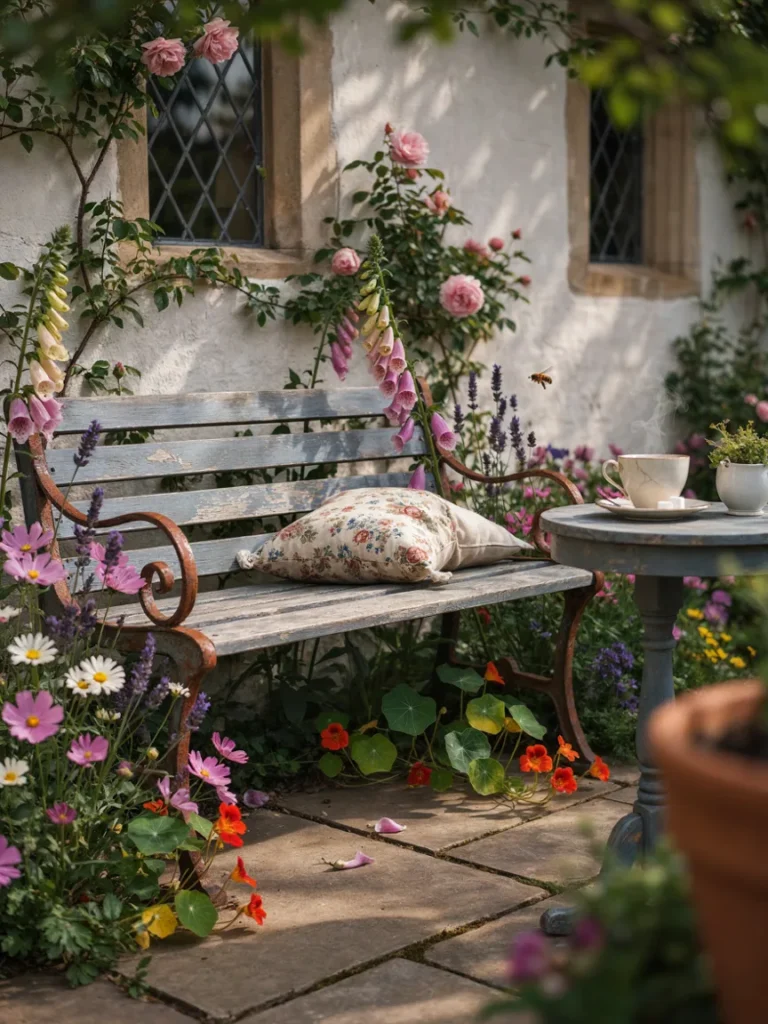 A weathered wooden bench surrounded by cottage flowers, with a floral cushion and a small side table holding a teacup