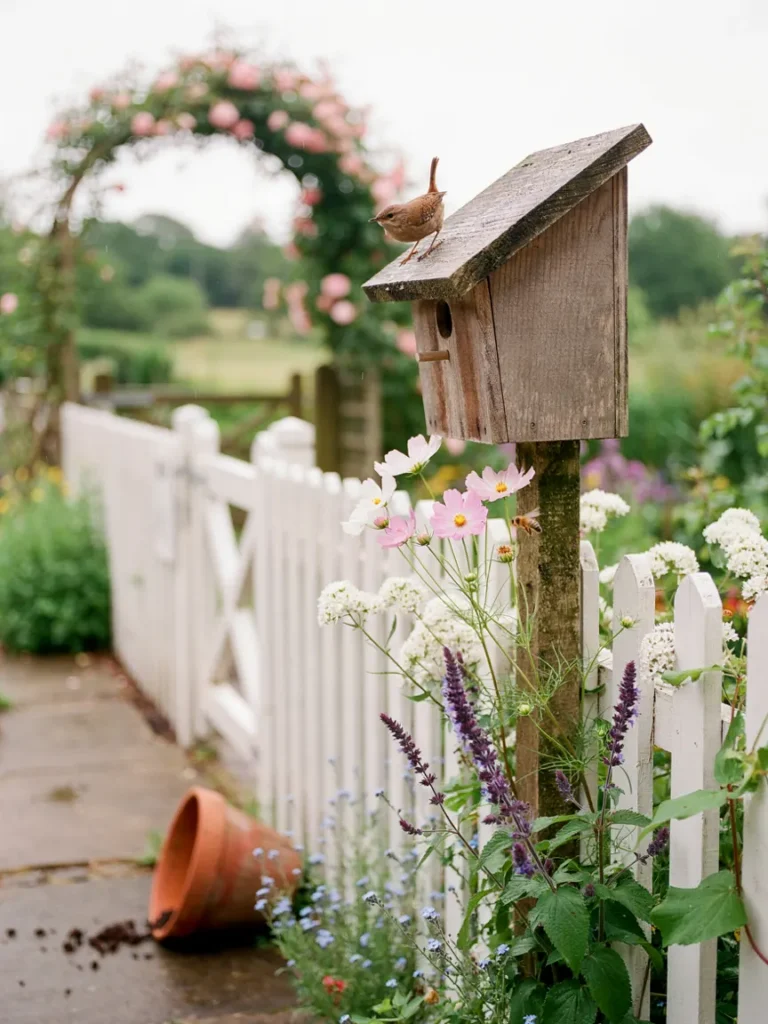 A weathered wooden birdhouse mounted on a fence post, surrounded by cottage garden flowers