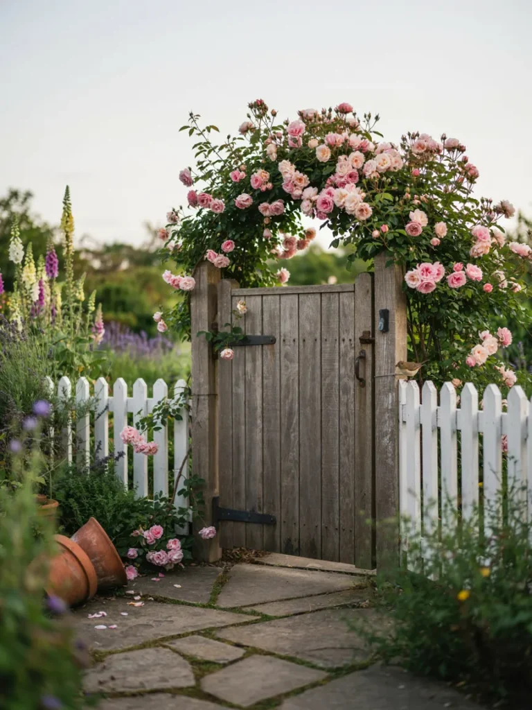A weathered wooden garden gate covered in climbing roses, set into a low picket fence