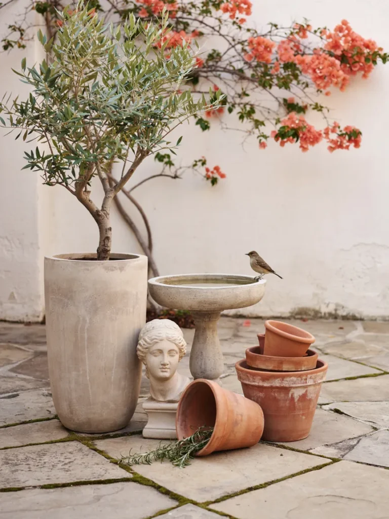 A wide banner image showing an assortment of concrete and terracotta items together in one styled outdoor vignette, including a planter, a statue, a birdbath, and stacked pots.