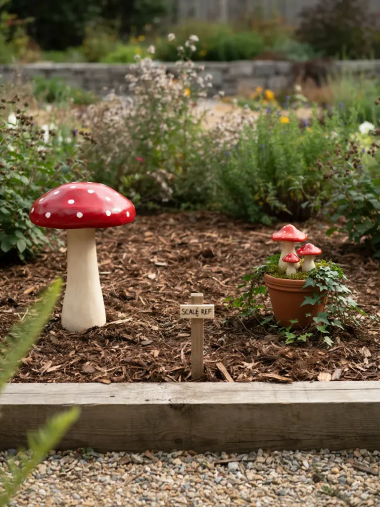 A wide open garden bed accommodating a large mushroom statue on one side and a compact container garden with small mushroom accents on the other, showing scale matching.