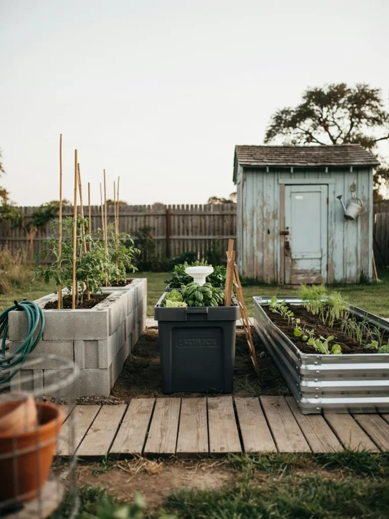 A wide shot comparing a cinder block raised bed, a commercial earth box, and a galvanized metal raised bed side by side in a garden setting.