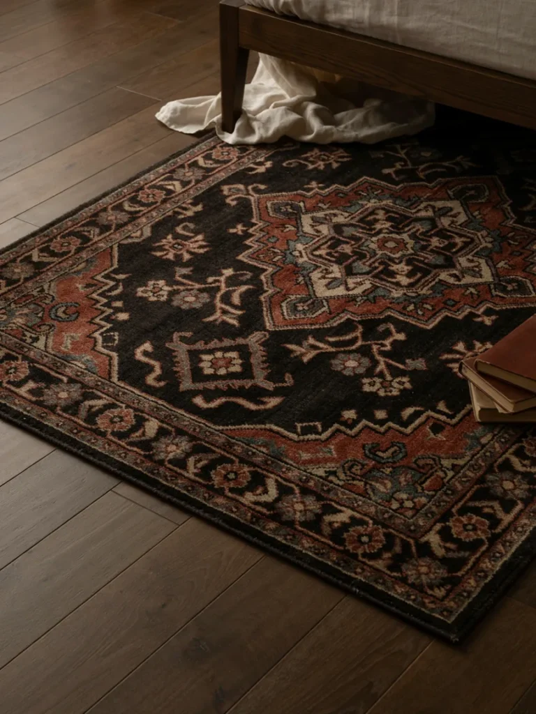 A wide shot of a dark patterned area rug under a bed frame on dark hardwood flooring.