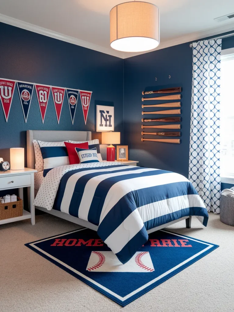 Baseball decor for bedroom must have pieces including bedding, pennants, rug, lamp, and bat rack.