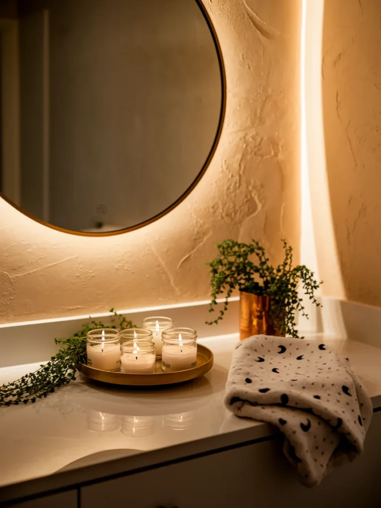 Witchy bathroom decor vanity with mirror, candles, jars, plants, and moon towel.