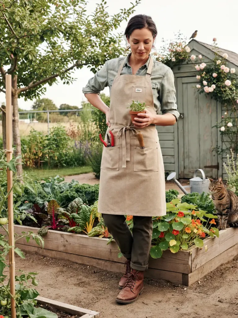 A woman wearing a well fitted canvas gardening apron with multiple front pockets holding pruning shears and a small trowel, standing in a garden setting.