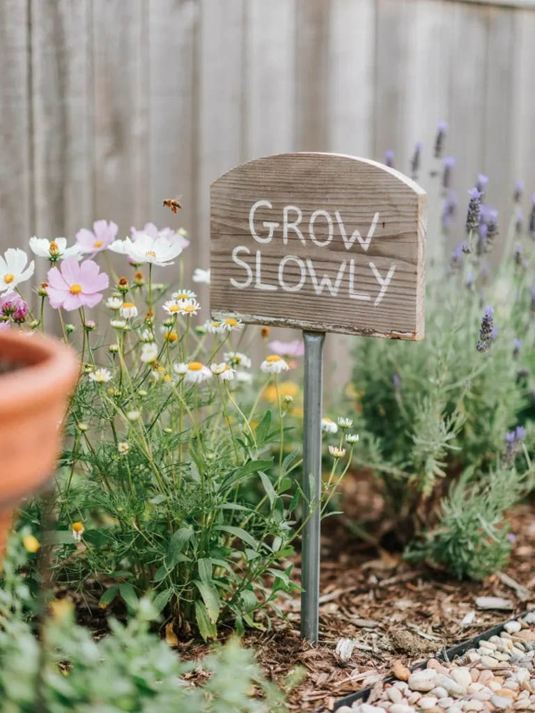 A wooden or metal garden sign with a hand painted or engraved phrase, staked into a garden bed surrounded by flowers, photographed at a slight angle to show texture and craftsmanship.