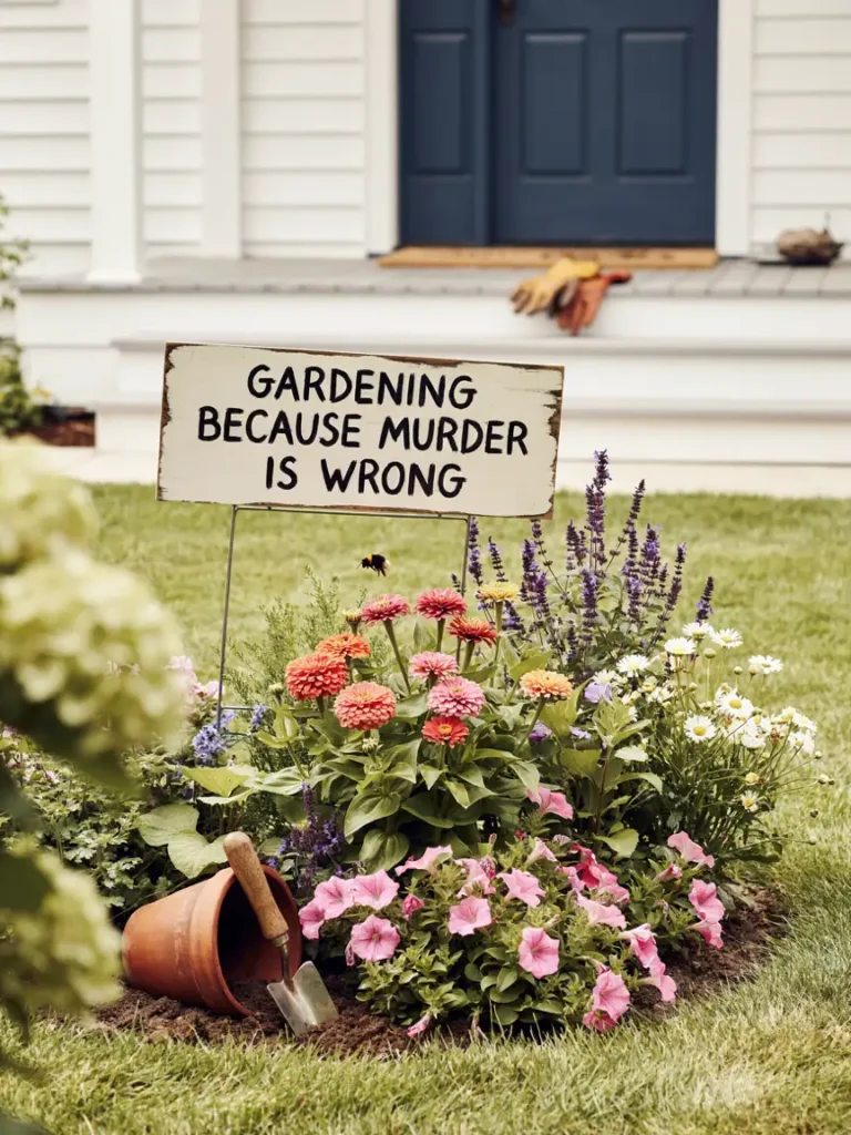 A wooden or metal yard sign with bold lettering reading "Gardening Because Murder Is Wrong," staked into a colorful flower bed near a front porch.