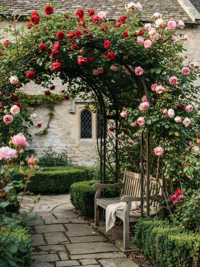 A wooden or wrought iron arbor covered in climbing roses, positioned over a garden bench