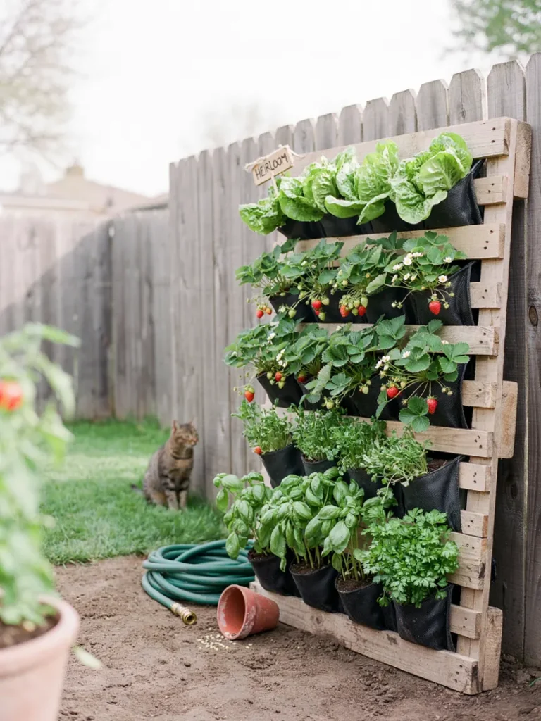 A wooden pallet standing upright against a fence, lined with fabric and planted with a mix of lettuce, strawberries, and herbs in each slat pocket