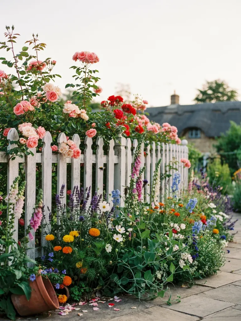 A wooden picket fence covered in climbing roses, bordering a full cottage flower bed