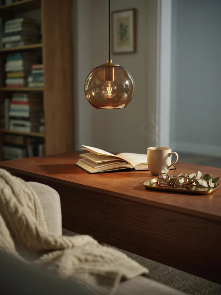  Amber glass globe pendant light hanging over a coffee table, warm smoked glass tones, cozy evening ambiance, retro lighting fixture close up]