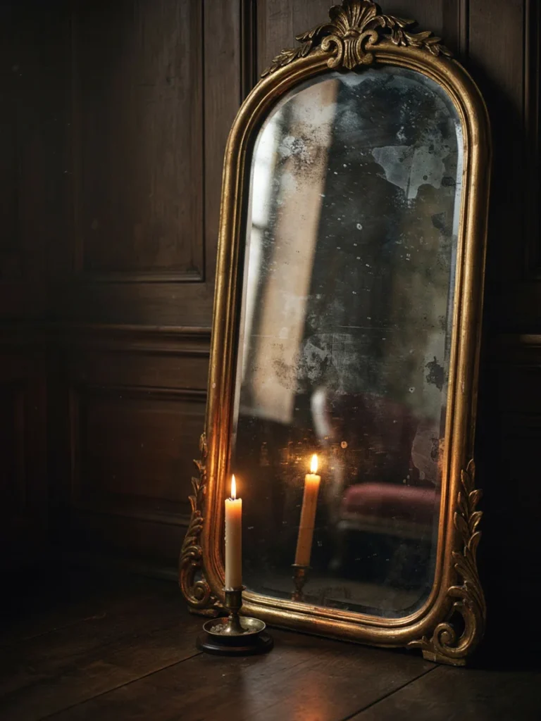 An antique style mirror with a spotted or aged glass finish, positioned to reflect candlelight