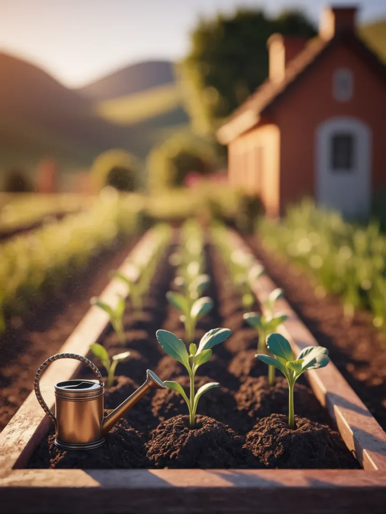 An in game style screenshot showing a garden plot with rows of planted seeds and a watering can icon, representing the FFXIV housing gardening system