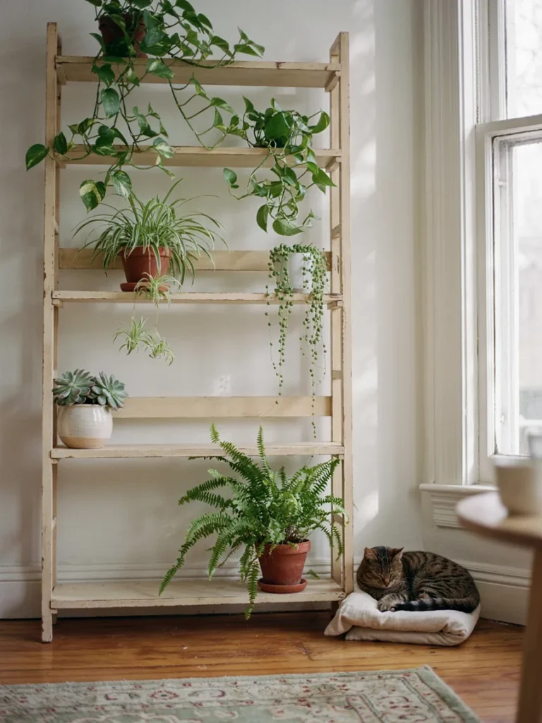 An old bookshelf repurposed into a tiered plant stand holding trailing cat safe greenery, positioned near a sunny window