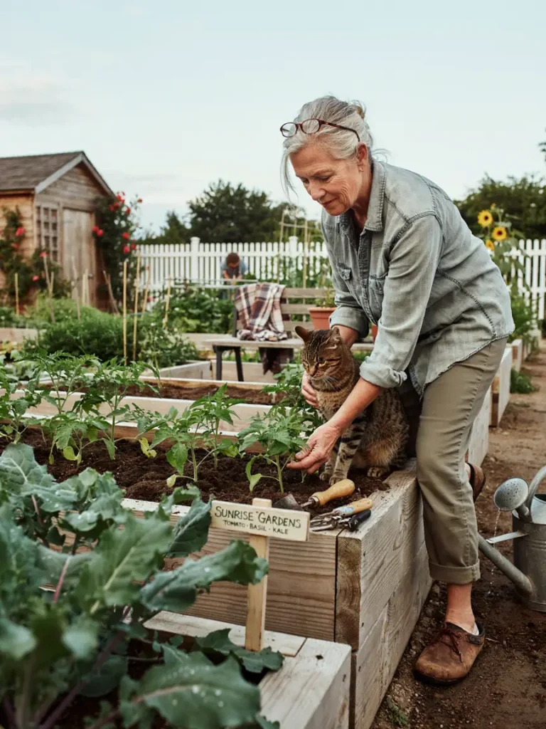 An older adult in a retirement gardening setting, kneeling at a raised bed with gardening hands in the soil, a cat sitting calmly beside them, capturing the therapeutic quality of the activity.