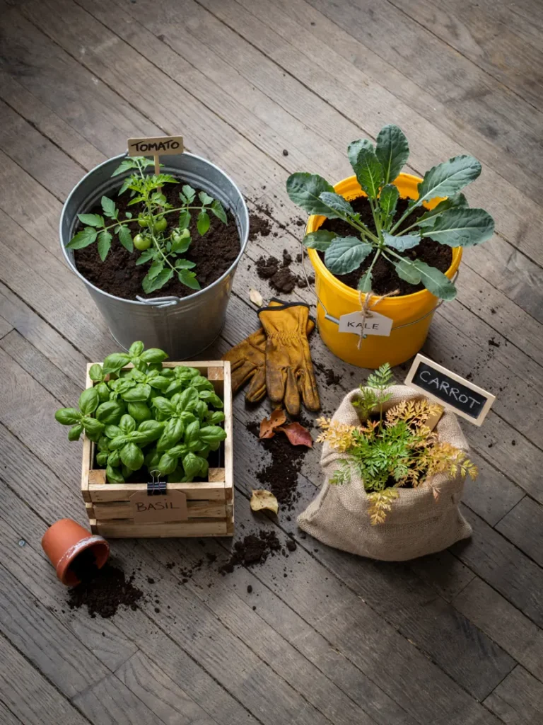 An overhead flat lay of various container types, barrel, bucket, pallet pocket, and burlap sack, each with a different labeled crop growing inside.