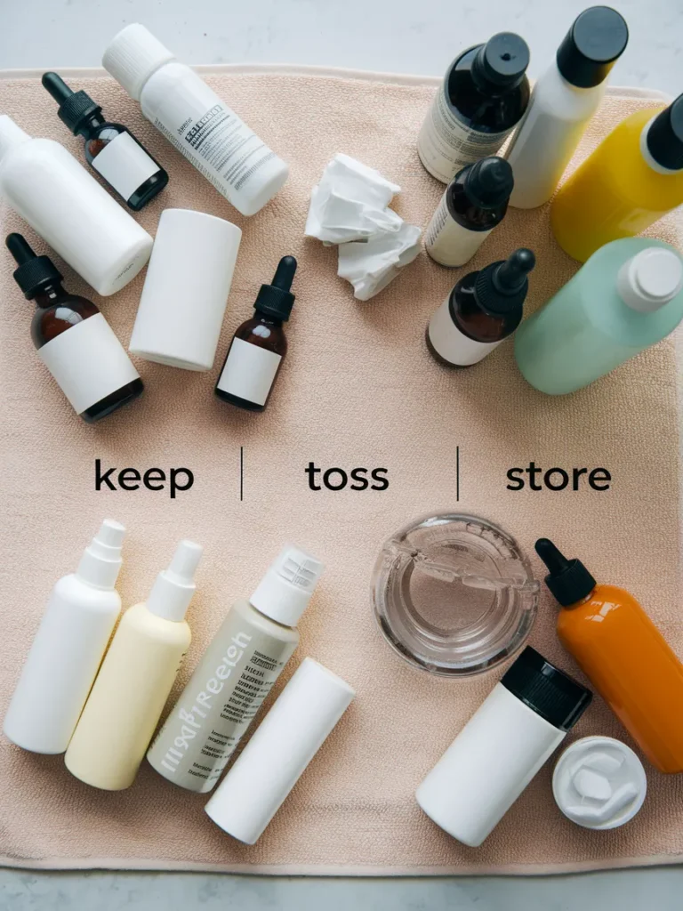 Sorting bathroom items into keep, toss, and store piles before decorating a small apartment bathroom.