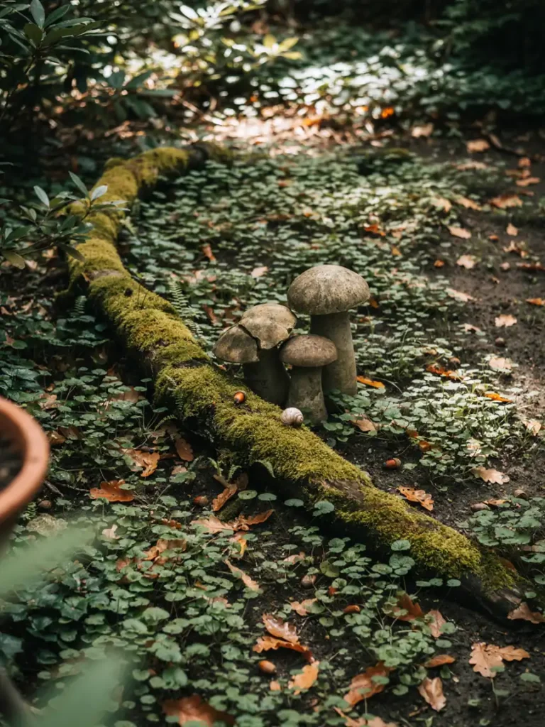 An overhead shot of a garden bed showing a cluster of three mushroom statues at varying heights arranged near a mossy tree root, demonstrating balanced, natural looking placement.