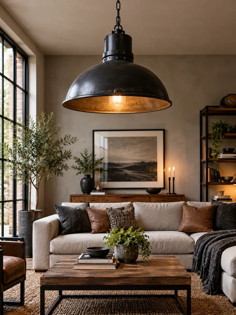 An oversized black metal pendant light or repurposed industrial factory light hanging as the central fixture in a living room