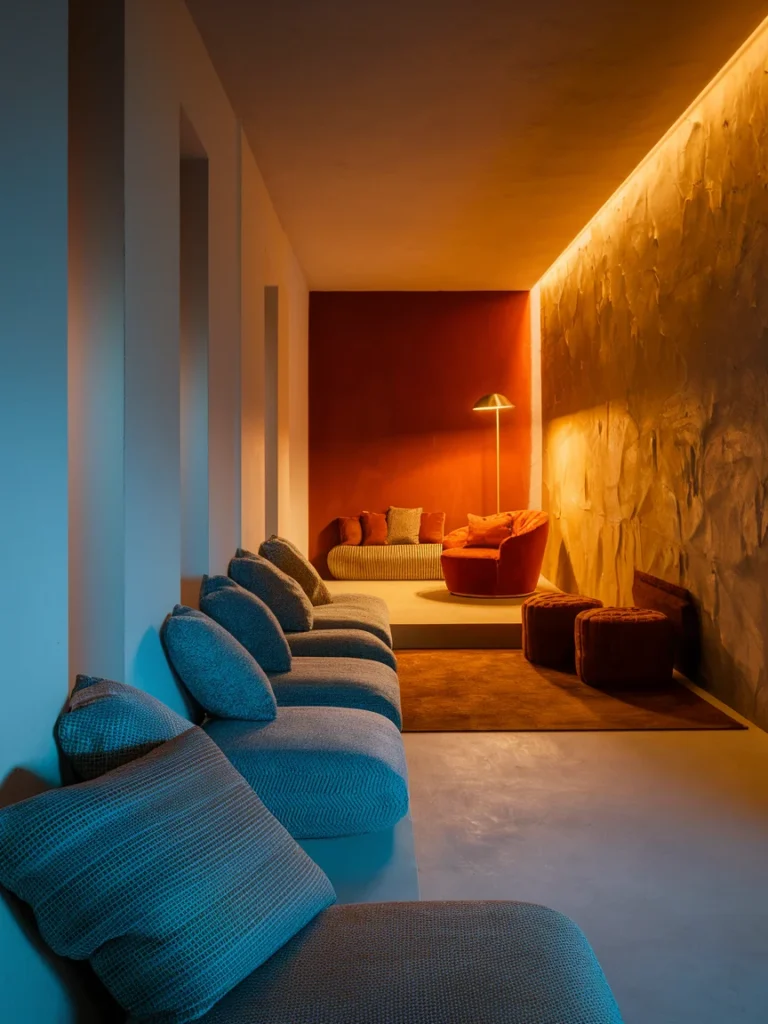 Balanced blue and orange living room decor showing neutral, blue, and orange color zones