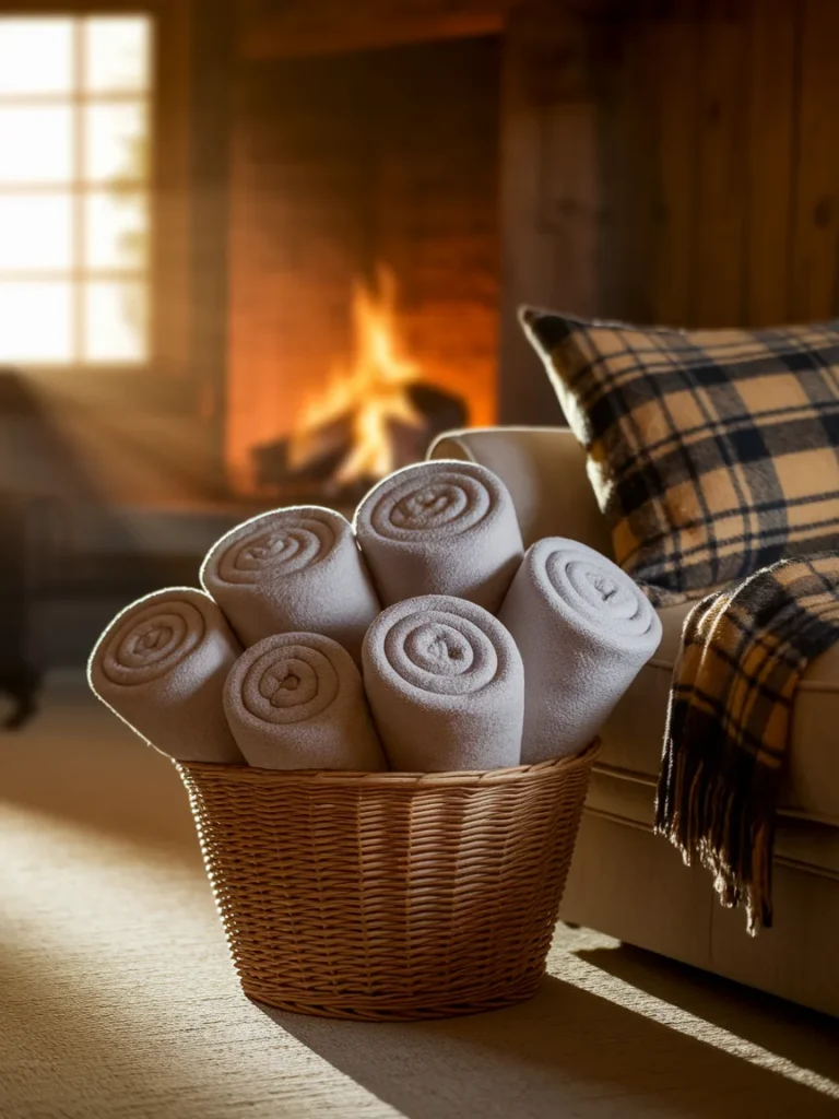Basket of rolled blankets beside a sofa in a cabin living room with plaid throw