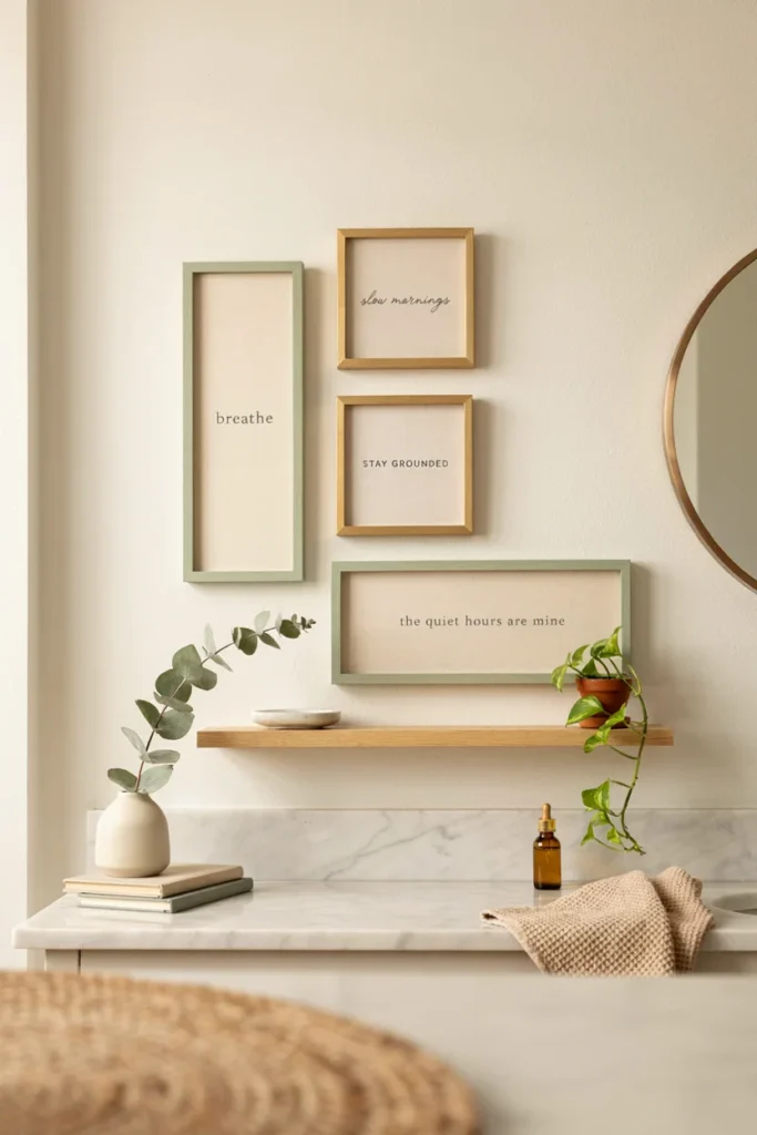 Bathroom gallery wall featuring four small framed quote prints of varying sizes arranged above a vanity, coordinated frame colors, soft natural light, well curated styled composition