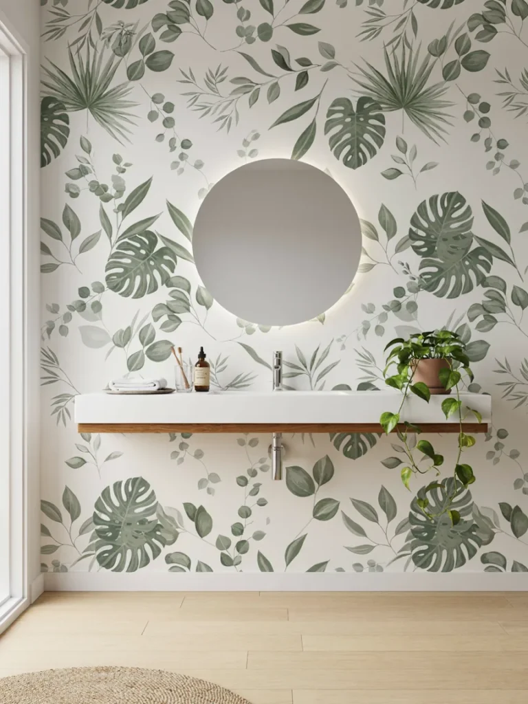 Bathroom wall covered in removable peel and stick wallpaper with an abstract botanical pattern, fresh modern wall decor update