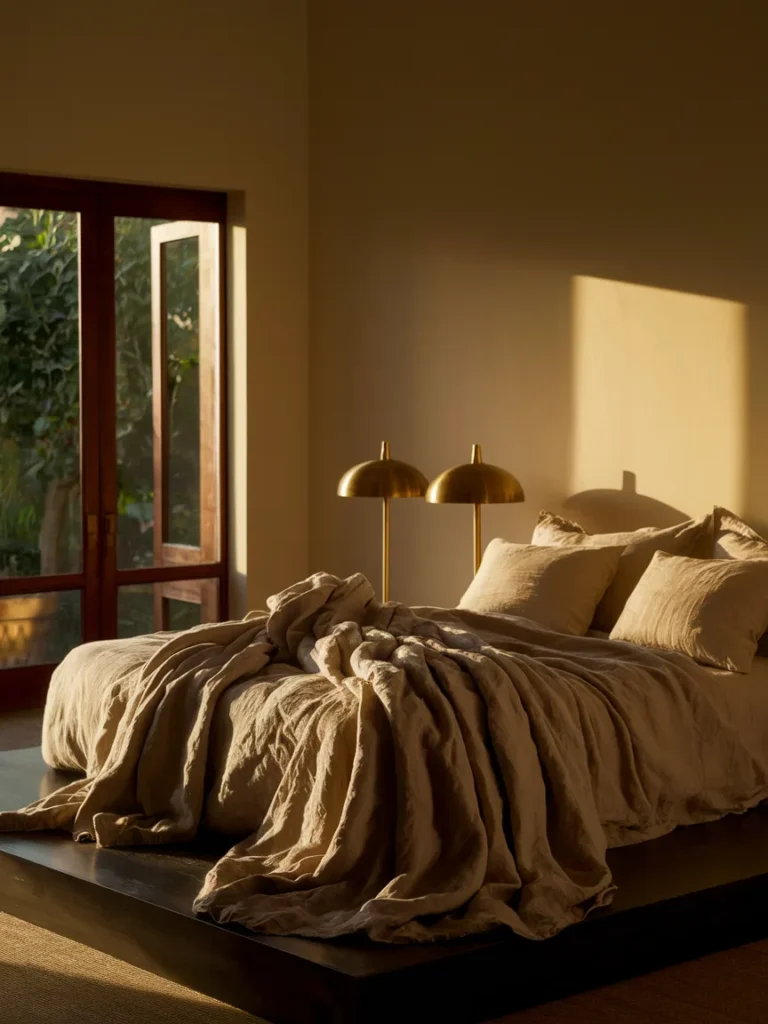 Bedroom decor ideas with dark wood furniture, cream walls, linen bedding, and brass lamps