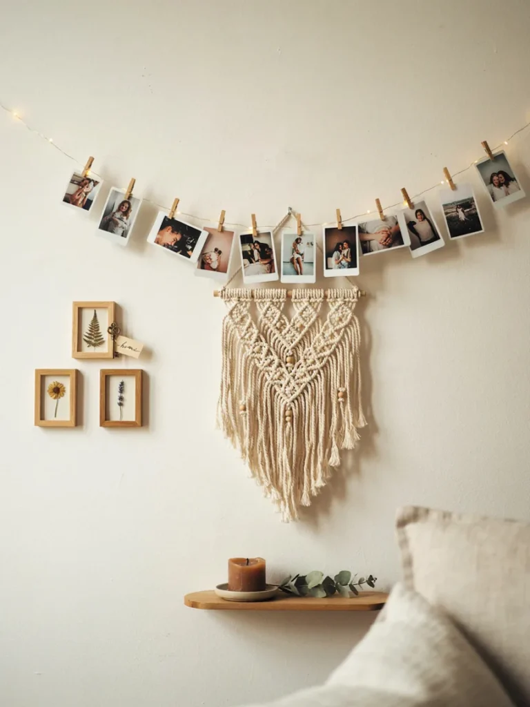 Bedroom wall styled with a string light photo display, pressed flower frames, and a macrame wall hanging arranged together, cozy handmade wall decor