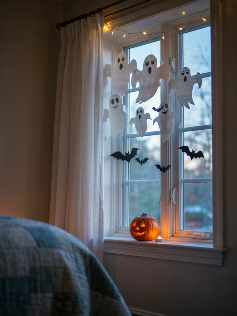 Bedroom window covered with paper ghost cutouts and black silhouette bat decals, evening light filtering through, spooky window decor styling