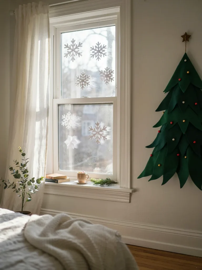 Bedroom window decorated with paper snowflakes and a felt Christmas tree wall hanging nearby, soft daylight filtering through, festive window decor styling